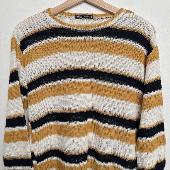 Zara Womens  Small Striped Rustic Mustard Cotton Knit Sweater - Picture 3 of 13